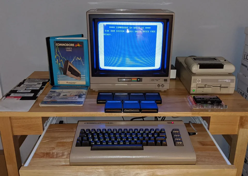 Vintage Atari computer, CRT monitor and disk drives