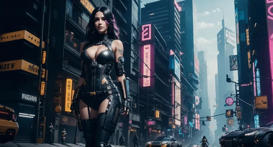 Cyberpunk character illustration in a neon city